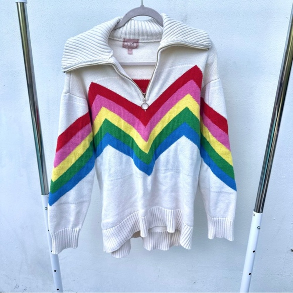 Show Me Your Mumu Weston Rainbow Zig Zag 1/2 Zip Pullover Size Medium